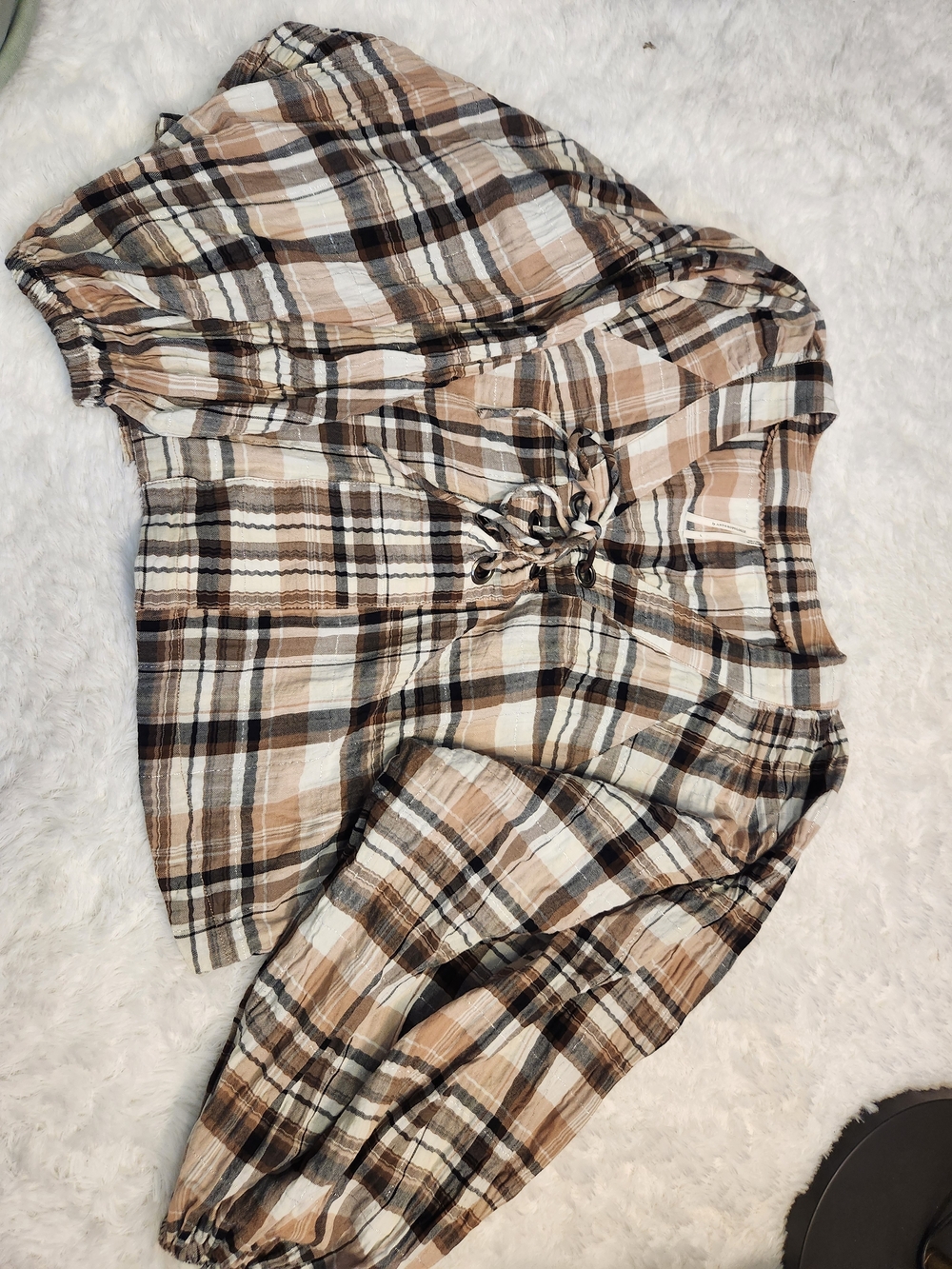 Anthropologie Plaid Tie-Front Peasant Top in Cream, Tan, and Brown